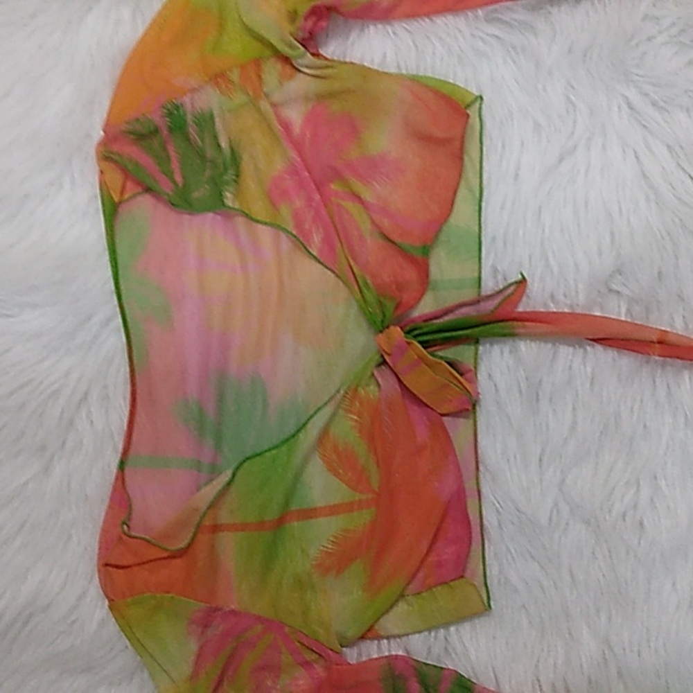 Neon Tropical Print Mesh Sheer Wide Sleeve‎ Tie Front Cropped Cardigan Size Lrg - Picture 2 of 6